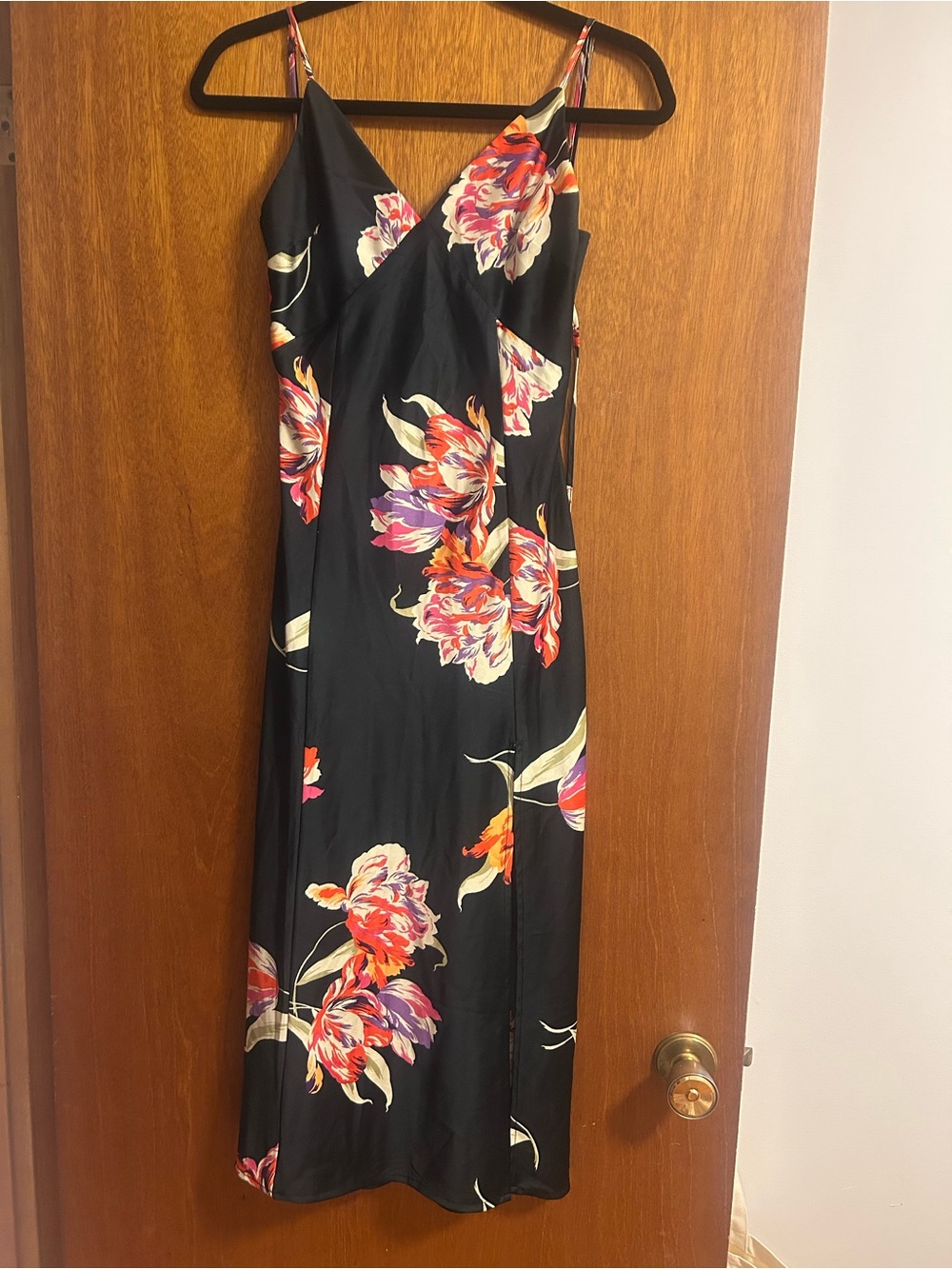 Dynamite Black Maxi Slip Dress with Pink & Orange Floral Print